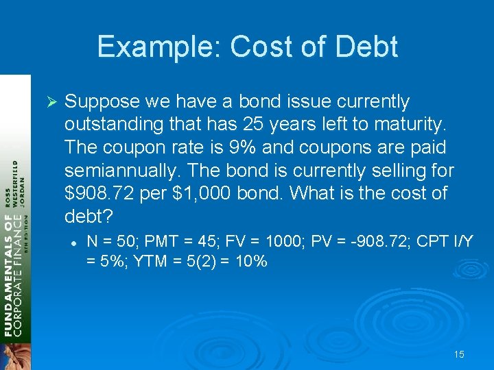 Example: Cost of Debt Ø Suppose we have a bond issue currently outstanding that