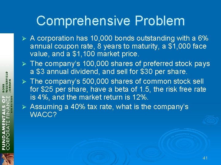 Comprehensive Problem A corporation has 10, 000 bonds outstanding with a 6% annual coupon