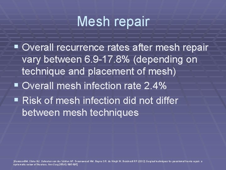 Mesh repair § Overall recurrence rates after mesh repair vary between 6. 9 -17.