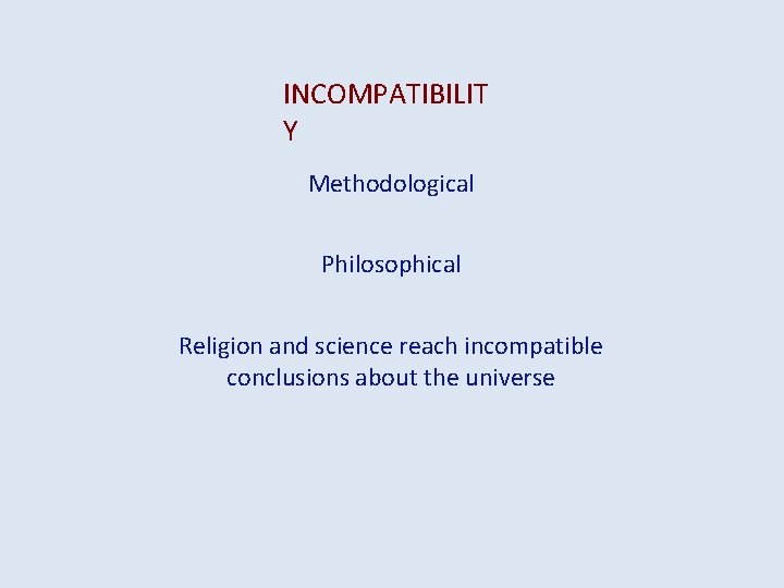 INCOMPATIBILIT Y Methodological Philosophical Religion and science reach incompatible conclusions about the universe 