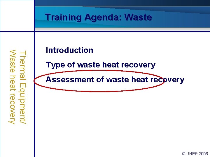 Training Agenda: Waste Thermal Equipment/ Waste heat recovery Introduction Type of waste heat recovery