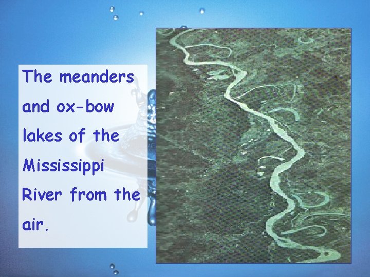 The meanders and ox-bow lakes of the Mississippi River from the air. 