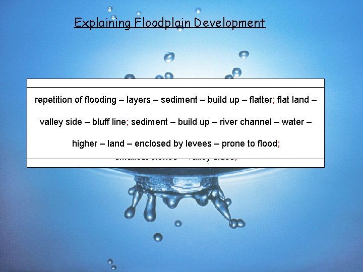 Explaining Floodplain Development flood water – contact land area – friction – slower flow