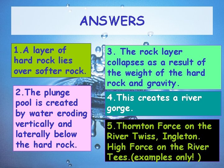 ANSWERS 1. A layer of hard rock lies over softer rock. 2. The plunge