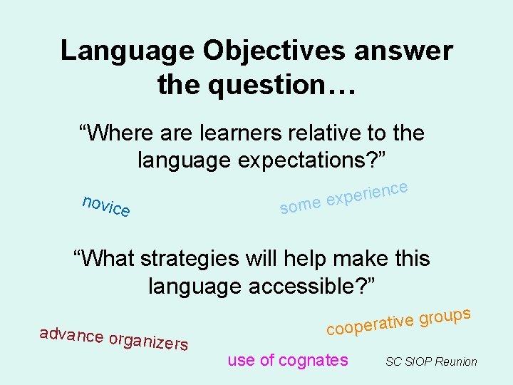 Language Objectives answer the question… “Where are learners relative to the language expectations? ”