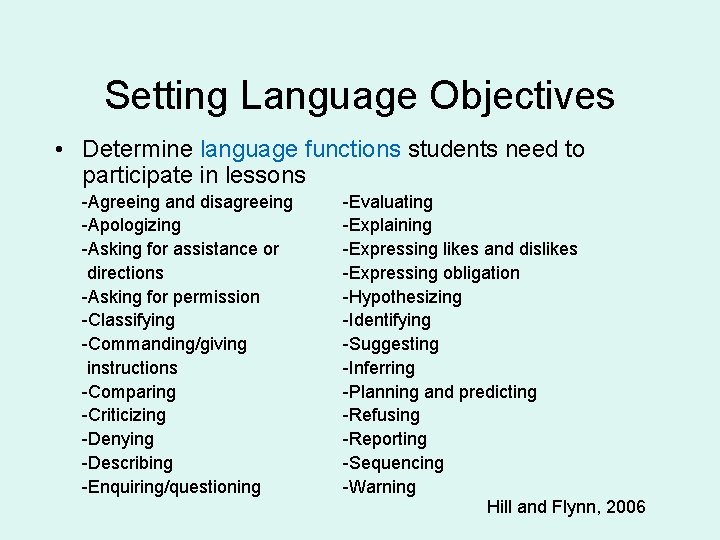 Setting Language Objectives • Determine language functions students need to participate in lessons -Agreeing