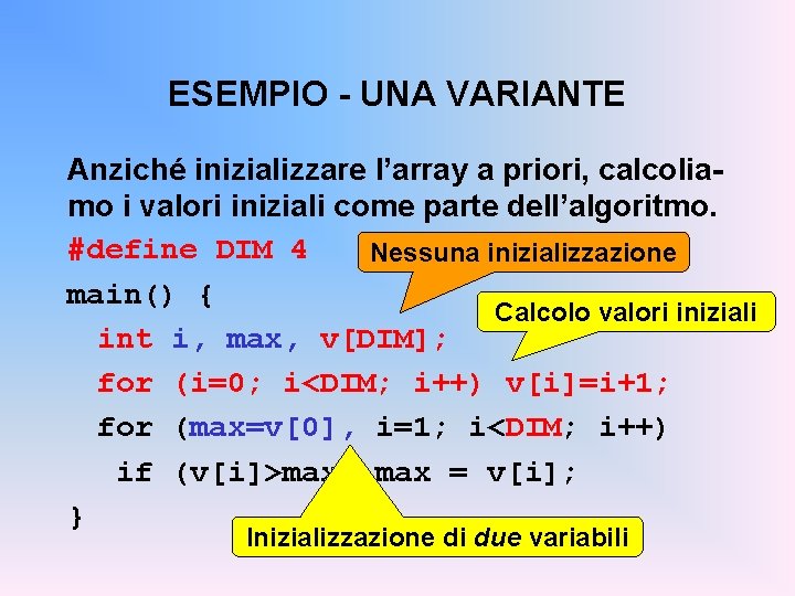 ESEMPIO - UNA VARIANTE Anziché inizializzare l’array a priori, calcoliamo i valori iniziali come