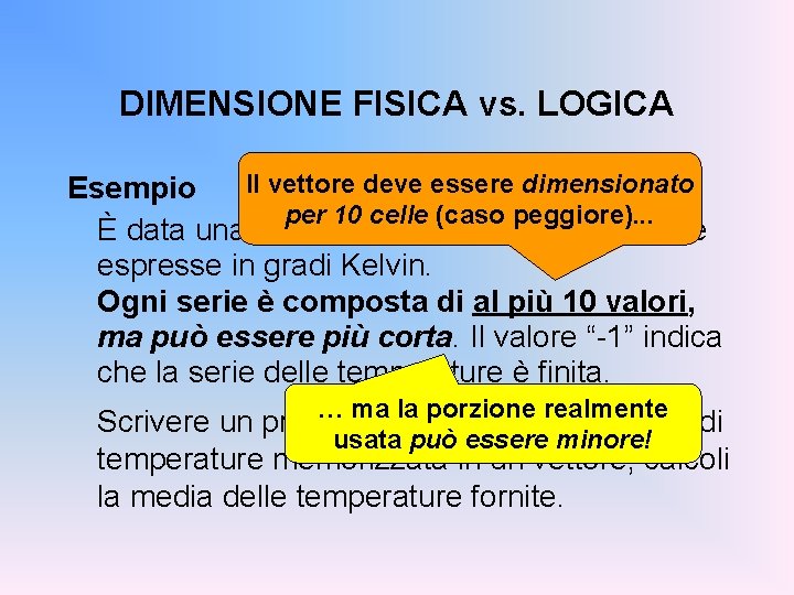 DIMENSIONE FISICA vs. LOGICA Il vettore deve essere dimensionato Esempio per 10 celle (caso