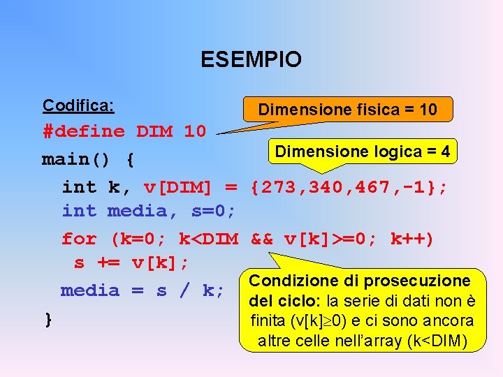 ESEMPIO Codifica: #define DIM 10 main() { int k, v[DIM] = int media, s=0;