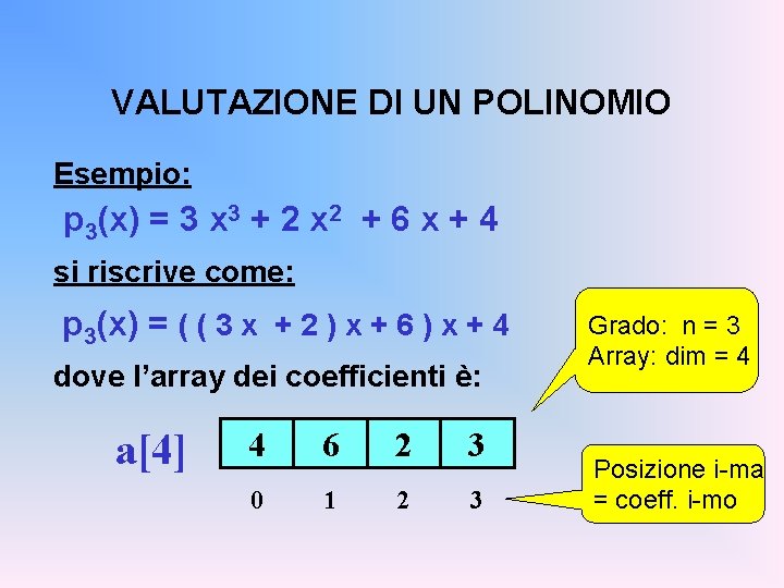 VALUTAZIONE DI UN POLINOMIO Esempio: p 3(x) = 3 x 3 + 2 x