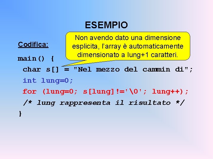 ESEMPIO Codifica: Non avendo dato una dimensione esplicita, l’array è automaticamente dimensionato a lung+1