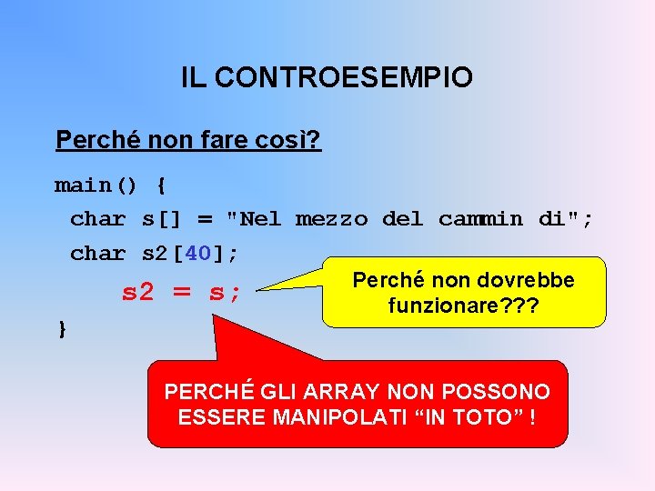 IL CONTROESEMPIO Perché non fare così? main() { char s[] = "Nel mezzo del