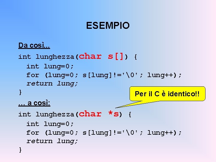ESEMPIO Da così. . . int lunghezza(char s[]) { int lung=0; for (lung=0; s[lung]!=' ';