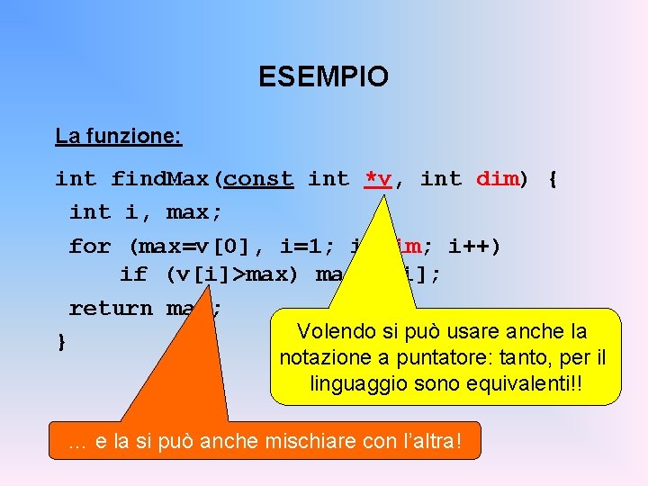 ESEMPIO La funzione: int find. Max(const int *v, int dim) { int i, max;