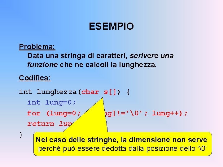 ESEMPIO Problema: Data una stringa di caratteri, scrivere una funzione che ne calcoli la
