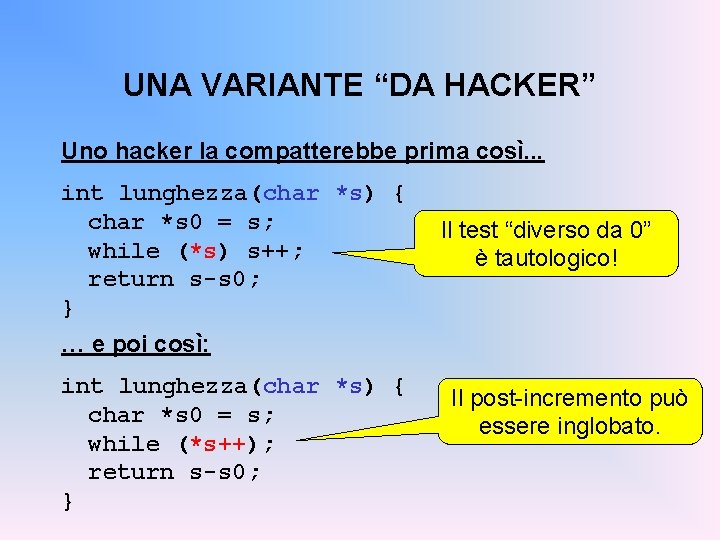 UNA VARIANTE “DA HACKER” Uno hacker la compatterebbe prima così. . . int lunghezza(char