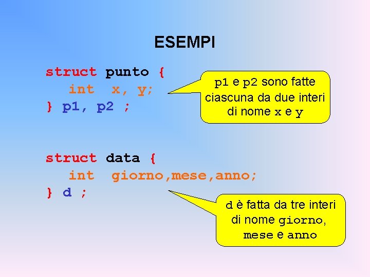 ESEMPI struct punto { int x, y; } p 1, p 2 ; p