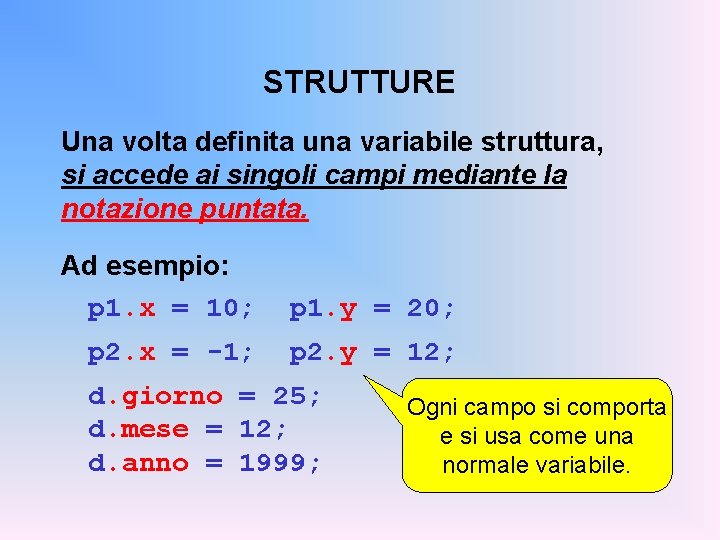 STRUTTURE Una volta definita una variabile struttura, si accede ai singoli campi mediante la