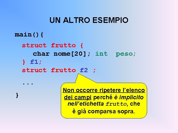 UN ALTRO ESEMPIO main(){ struct frutto { char nome[20]; int } f 1; struct