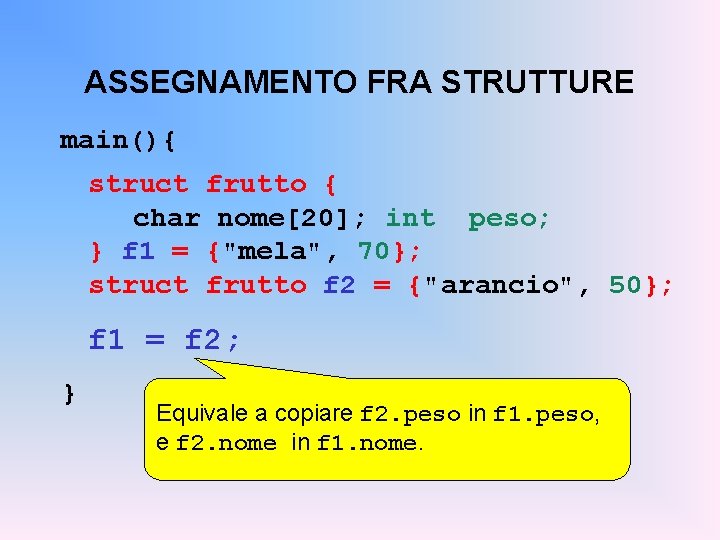 ASSEGNAMENTO FRA STRUTTURE main(){ struct frutto { char nome[20]; int peso; } f 1