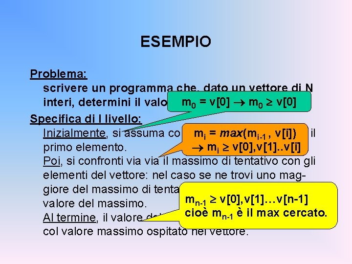 ESEMPIO Problema: scrivere un programma che, dato un vettore di N interi, determini il