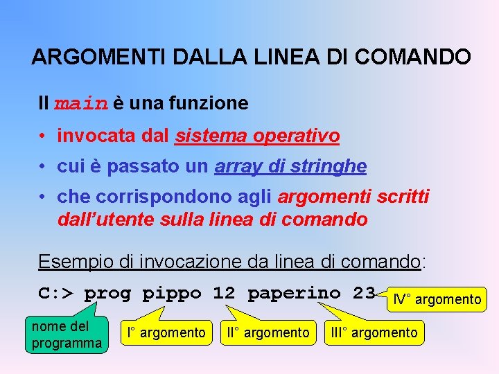 ARGOMENTI DALLA LINEA DI COMANDO Il main è una funzione • invocata dal sistema