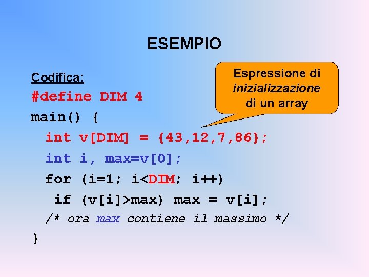 ESEMPIO Codifica: Espressione di inizializzazione di un array #define DIM 4 main() { int