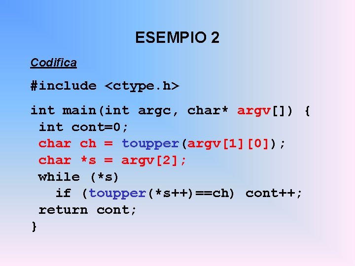 ESEMPIO 2 Codifica #include <ctype. h> int main(int argc, char* argv[]) { int cont=0;