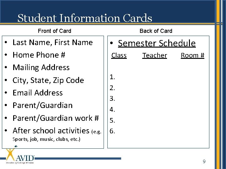Student Information Cards Front of Card • • Last Name, First Name Home Phone