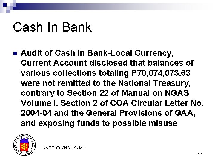 Cash In Bank n Audit of Cash in Bank-Local Currency, Current Account disclosed that Cash In Bank n Audit of Cash in Bank-Local Currency, Current Account disclosed that