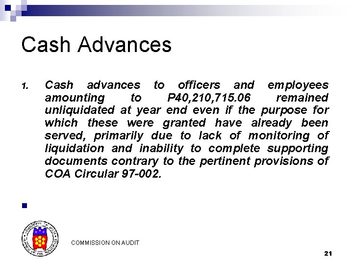 Cash Advances 1. Cash advances to officers and employees amounting to P 40, 210, Cash Advances 1. Cash advances to officers and employees amounting to P 40, 210,