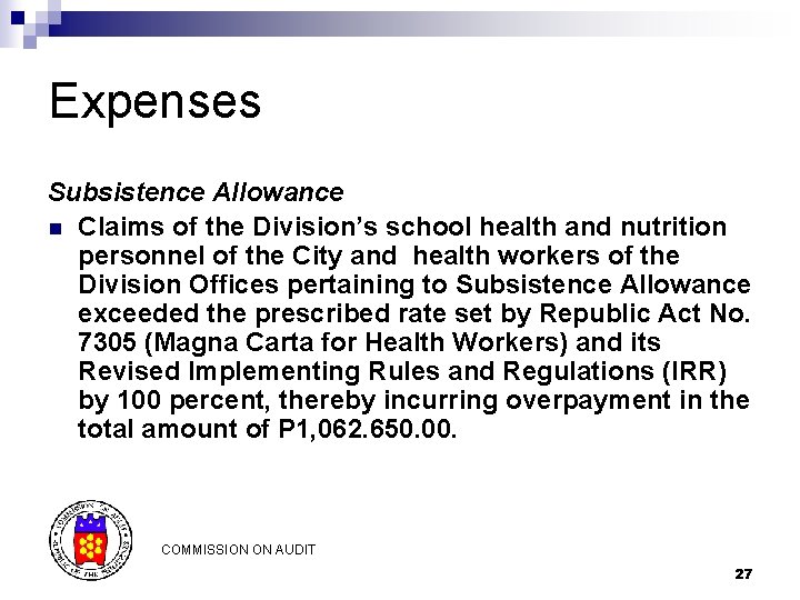 Expenses Subsistence Allowance n Claims of the Division’s school health and nutrition personnel of Expenses Subsistence Allowance n Claims of the Division’s school health and nutrition personnel of