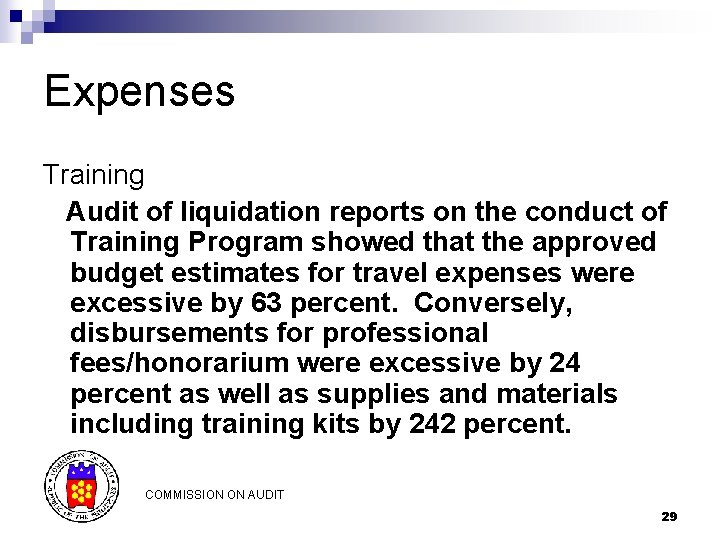 Expenses Training Audit of liquidation reports on the conduct of Training Program showed that Expenses Training Audit of liquidation reports on the conduct of Training Program showed that
