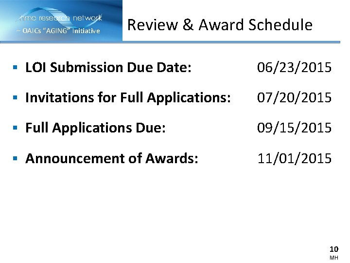 – OAICs “AGING” Initiative Review & Award Schedule § LOI Submission Due Date: 06/23/2015