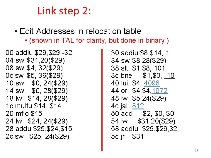 Link step 2: • Edit Addresses in relocation table • (shown in TAL for