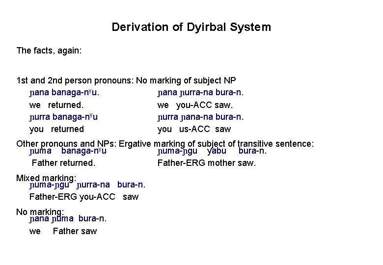 Derivation of Dyirbal System The facts, again: 1 st and 2 nd person pronouns: