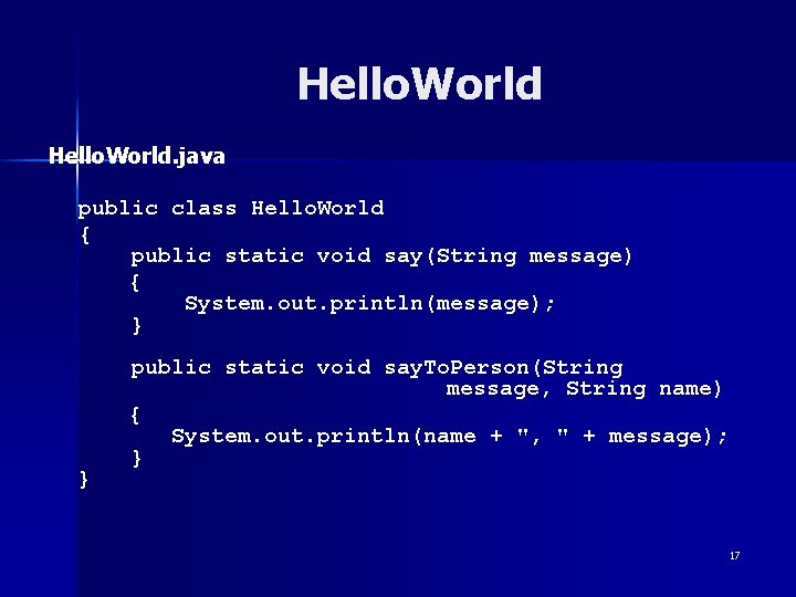 Hello. World. java public class Hello. World { public static void say(String message) {