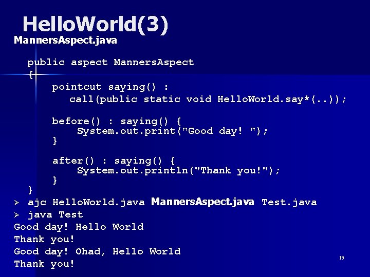 Hello. World(3) Manners. Aspect. java public aspect Manners. Aspect { pointcut saying() : call(public