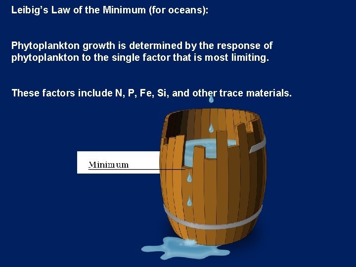 Leibig’s Law of the Minimum (for oceans): Phytoplankton growth is determined by the response