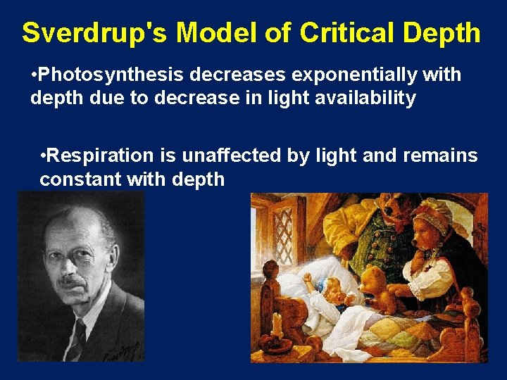 Sverdrup's Model of Critical Depth • Photosynthesis decreases exponentially with depth due to decrease