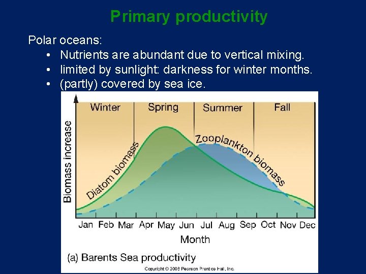 Primary productivity Polar oceans: • Nutrients are abundant due to vertical mixing. • limited