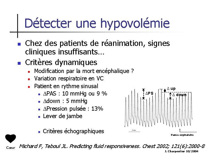 Détecter une hypovolémie n n Chez des patients de réanimation, signes cliniques insuffisants… Critères