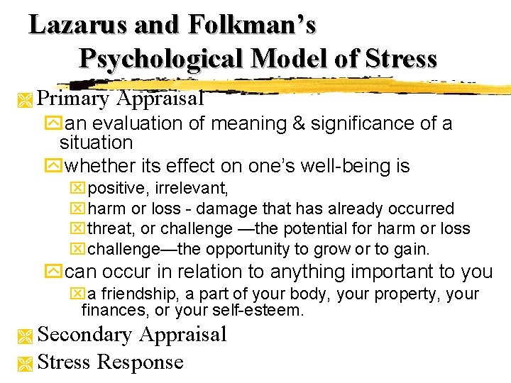 Lazarus and Folkman’s Psychological Model of Stress Ì Primary Appraisal yan evaluation of meaning Lazarus and Folkman’s Psychological Model of Stress Ì Primary Appraisal yan evaluation of meaning