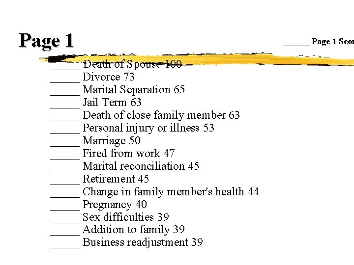 Page 1 _____ Death of Spouse 100 _____ Divorce 73 _____ Marital Separation 65 Page 1 _____ Death of Spouse 100 _____ Divorce 73 _____ Marital Separation 65