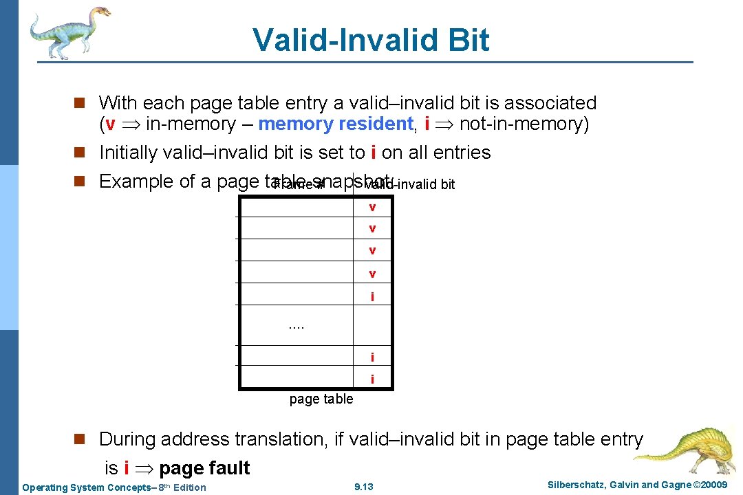 Valid-Invalid Bit n With each page table entry a valid–invalid bit is associated (v