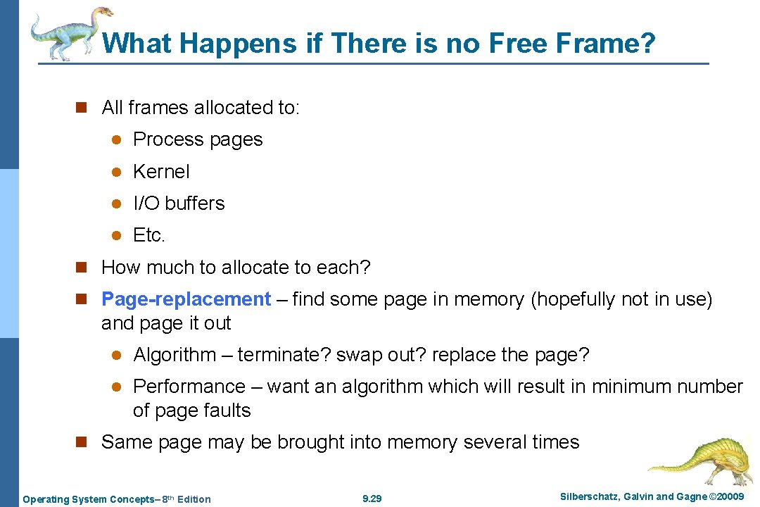 What Happens if There is no Free Frame? n All frames allocated to: l