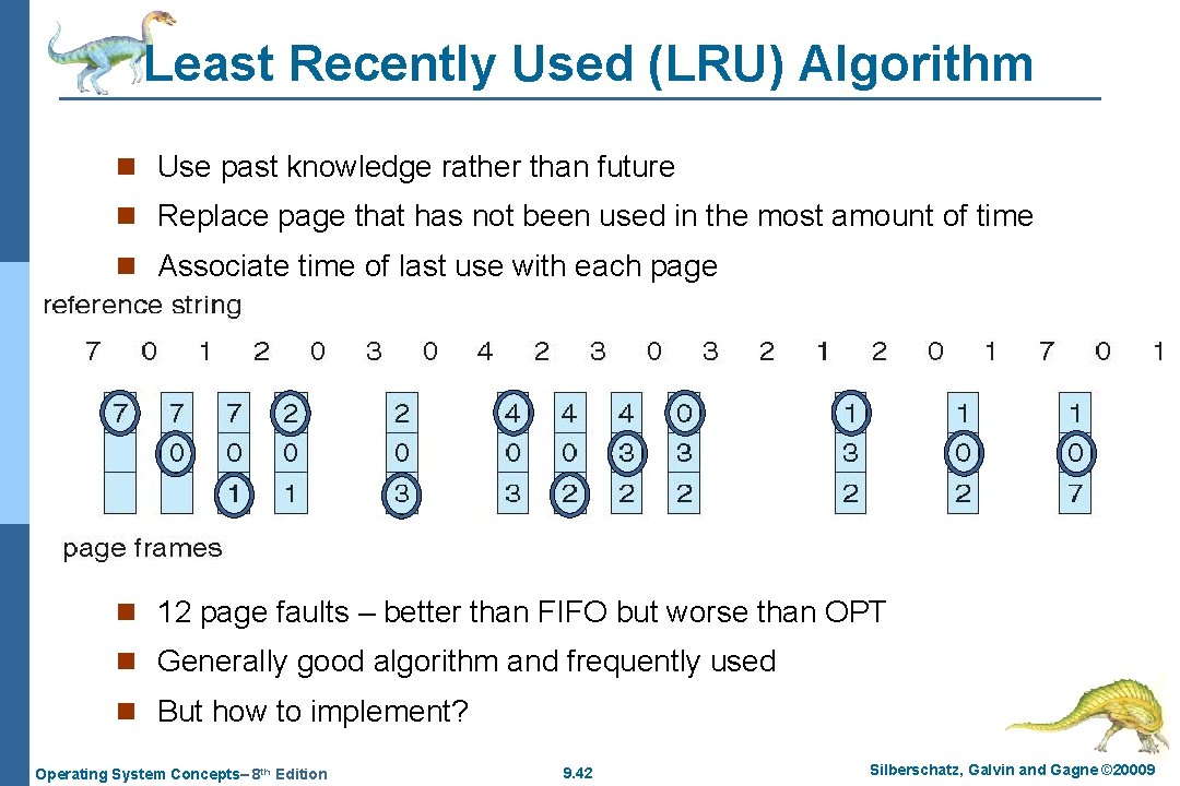 Least Recently Used (LRU) Algorithm n Use past knowledge rather than future n Replace