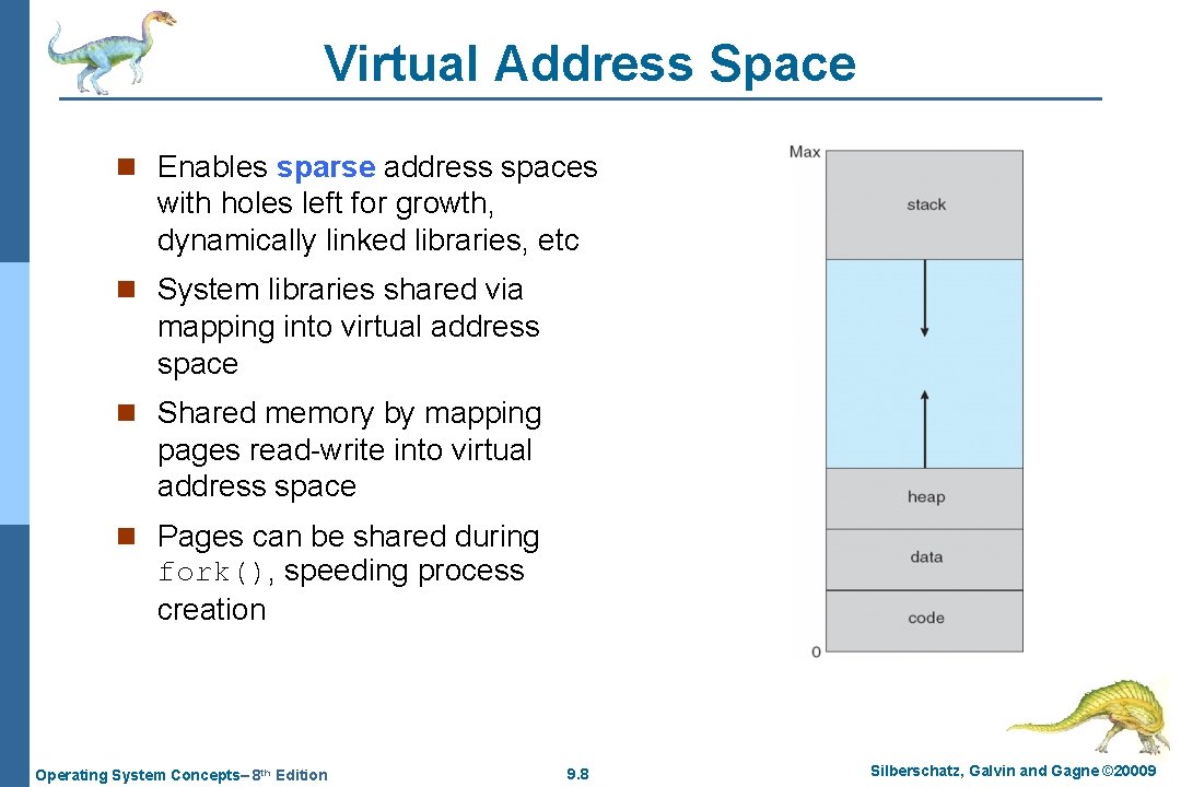Virtual Address Space n Enables sparse address spaces with holes left for growth, dynamically