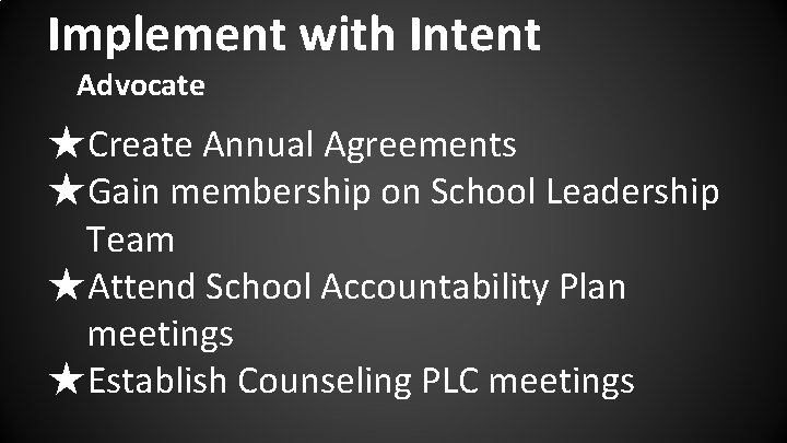 Implement with Intent Advocate ★Create Annual Agreements ★Gain membership on School Leadership Team ★Attend