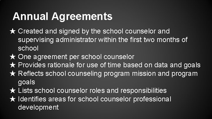 Annual Agreements ★ Created and signed by the school counselor and supervising administrator within